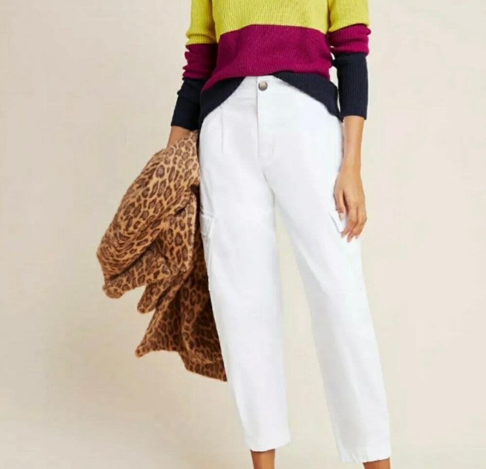 Anthropologie Amadi White Cargo Pants Cropped Pleated Cotton Blend Women’s Sz M